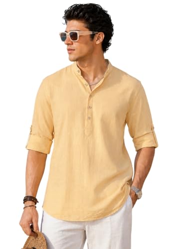 Image of Majestic Man Men's Pure Cotton Solid Mandarin Collar Slim Fit Roll-Up Sleeves Short Kurta Lightweight Summer Kurta for Daily & Occasion Use