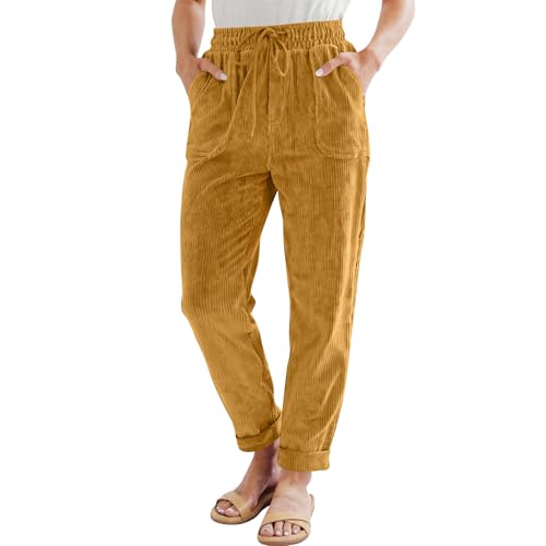 Womens Corduroy Pants Straight Leg Tapered Elastic High Waisted Work Pants Office Dressy Lounge Pant with Pockets