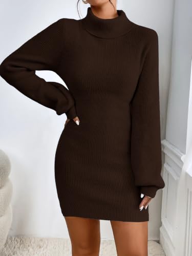 Image of Turtleneck Sweater Dress for Women Lantern Sleeve Mini Bodycon Ribbed Knit Sweater Pullover Short Dresses XS-XXL