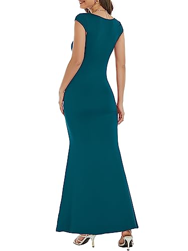 Image of Womens Summer Cap Sleeve Square Neck Elegant Casual Lounge Bodycon Slim Maxi Evening Party Long Dress