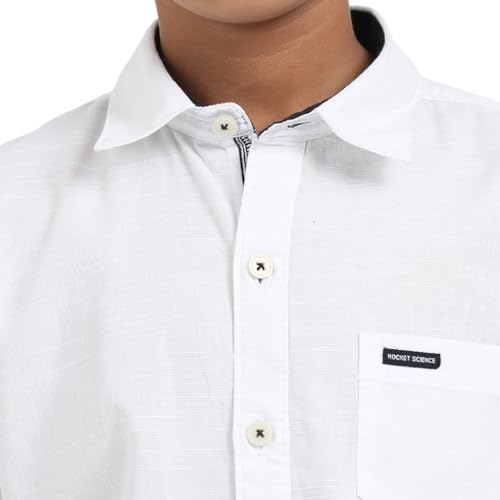Image of ROCKET SCIENCE Boys Single Pocket Shirt | Regular Fit, Spread Collar, Full Sleeves, 100% Cotton Linen Fabric White