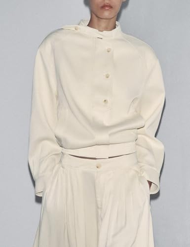 Womens Elegant High Neck Bomber Jackets Long Sleeve Zip Up Shackets Cropped Coat Streetwear4