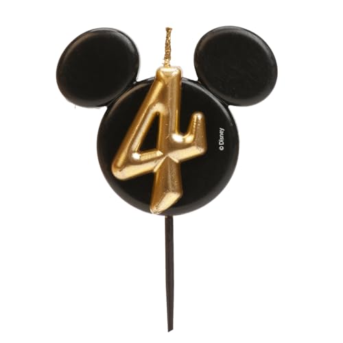 dekora - Vela de aniversário de Mickey Mouse - velas da Disney - cera de parafina sem fragrância, velas para crianças com orelhas de rato de Mickey Mouse preto e dourado, tamanho 8,5 cm - número 4