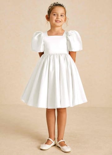 Satin Flower Girl Dress Backless Princess Pageant Junior Bridesmaid Dresses Puff Sleeves Birthday Gowns with Bow2