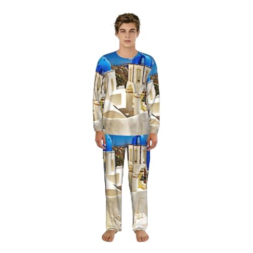 Pyjama à manches longues homme Santorini imprimé île grecque bleu et blanc pour nuit confortable