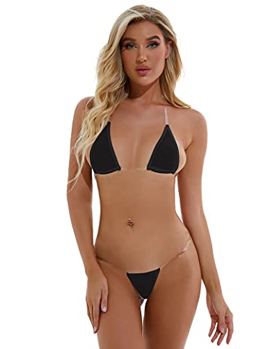 Oneheekini Cheeky Thong Bikini See Through Mini G String Swimsuits for Women (Black)