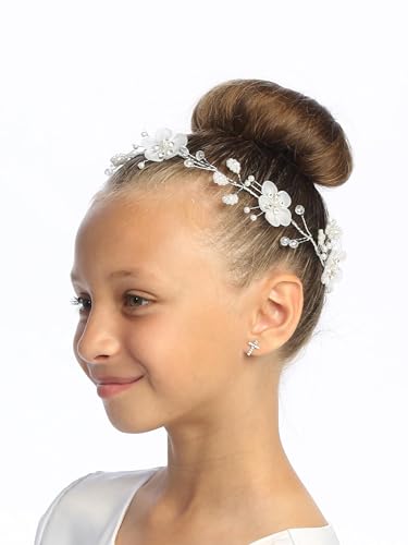 Swea Pea & Lilli Headband for Communion - Head Pieces for First Communion Flower for Girls White Holy 1st Headpiece Pearls Crown - Velos de Primera Comunion