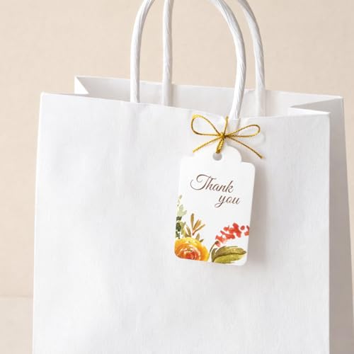 Image of CVANU Floral Thank You Gift Tags (Set of 100), Elegant Flower Design (D11) Hanging Tags with Gold String for Wedding Return Gifts & Small Business Packaging (2.85 x 1.7 Inch)