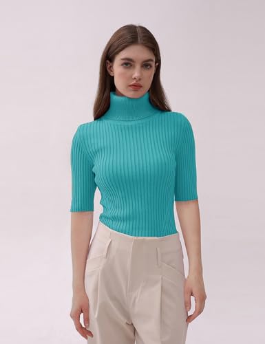 Image of v28 Women Turtleneck 1 /2 Half Sleeve Highly Stretchy Ribbed Knit Fitted Sweater