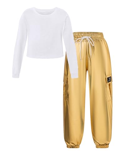 Image of Betusline Girls 2 Piece Summer Outfits,Kids Casual Short Sleeve Crop Top & Cargo Jogger Pants Sets,4T-14Y