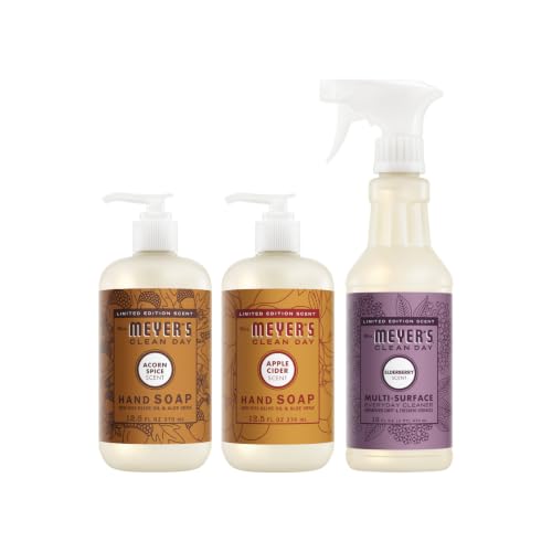 Image of Mrs. MEYER'S CLEAN DAY Multi-Surface Cleaner, Hand Soap 3 Pack Variety, 16 OZ Each, 1 CT (Acorn Spice + Apple Cider + Elderberry)