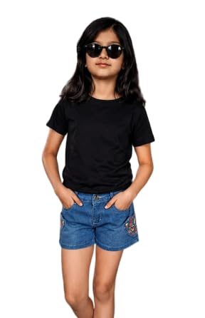 Image of ORATEES Kids T-Shirt Girls Plain Black Pure Cotton Bio Wash Regular Fit Round Neck Half Sleeve