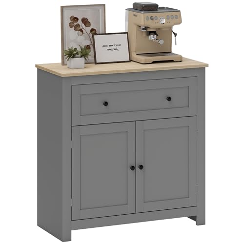 HOMCOM Credenza Soggiorno con Cassetto e Armadietto con Ripiano Regolabile su 3 Livelli, Madia Soggiorno con Piano di Lavoro Color Rovere, per Ingresso, Cucina e Sala da Pranzo, 78.5x35x80 cm, Grigio