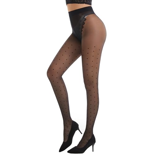 Image of Patterned Tights for Women High Waist Pantyhose Black Sheer Stockings 15D