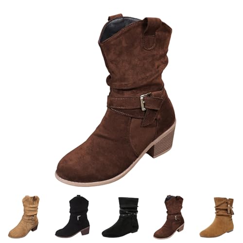 Botines para mujer clásicos, botas de vaquero, medias botas puntiagudas, botas bajas con hebilla, botas cortas, botas de entretiempo, botas medias altas para mujer, marrón, 38 EU