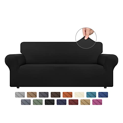 AZON Stretch Spandex Couch Cover,Soft Washable 1 Piece Sofa Slipcover for 3 Cushion with Elastic Furniture Protector for Pets, Kids(Large,Black）