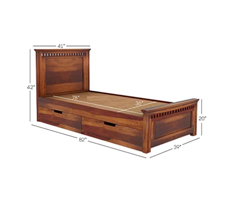 Image of Solid Sheesham Wood Single Size Bed with Drawer Storage | Single Size Cot Bed Wooden with Storage Headboard for Living Room, Bedroom | Teak Brown Finish