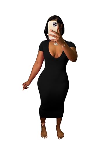Nimsruc Women's Sexy Summer Casual Short Sleeve Bodycon Dress Deep V-Neck Basic Pencil Midi Club Dresses