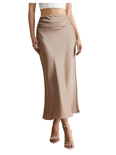 Women's High Waisted Satin Skirt Ruched Fishtail Elegant Business Casual Maxi Skirts