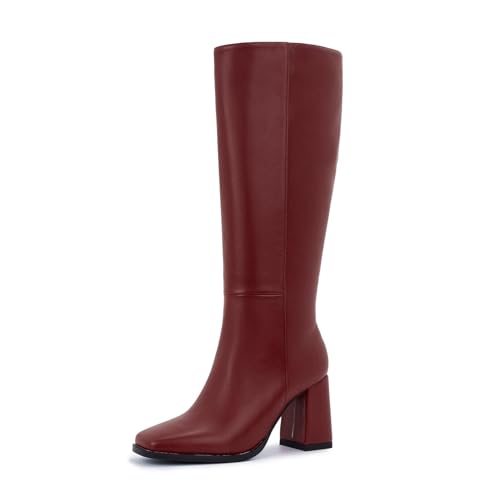 Image of Knee High Boots for Women - Wide Calf Boots with Zipper, Square Toe Tall Leather Boots, Chunky Heel Fashion Long Boots