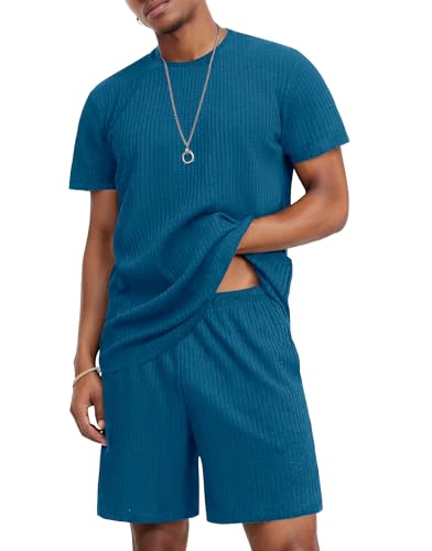 Image of Ekouaer Mens Lounge Set Ribbed Knit Pajamas Set 2 Piece Short Set Outfits Sweatsuit Summer Soft Sleepwear Loungewear