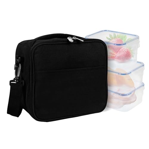 KRAMAZ Bolsa Termica Porta Alimentos con 3 Envases Herméticos incluidos de 0,5 L- Impermeable- Lunch Box - Nevera Portatil - Fiambreras Comida Trabajo - Color Negro