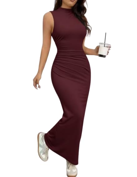 Women’s Solid Bodycon Maxi Dress for Women | Sleeveless High Neck Long one Piece Dress for Woman | Stretchable Slim Fit Western Dress for Girls-picture-37