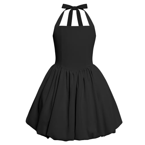 IBTOM CASTLE Teen Girls Dress Halter Neck Tie Back Smocked Bubble Sundress for Tween Junior Spring Summer Pro Homecoming Dance Wedding Birthday Party Black 9-10 Years