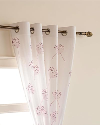 Image of THE LINEN COMPANY Cotton Solid Sheer Door Curtain with Steel Grommet Rings, 4.5 Ft X 7 Ft, Wine Dandelions, Set of 2 Pcs