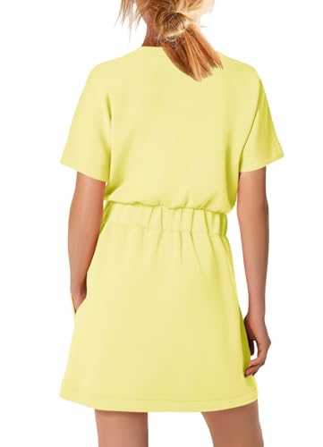 Image of SENSERISE Womens Short Sleeve T Shirt Dresses Crew Neck Solid Color Basic Smocked Waist Dress with Pockets