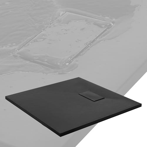 LuxeBath Plato de Ducha 80x80 cm Negro, Base Rectangular con Superficie Antideslizante y Antibacteriano en Aspecto Pizarra Altura 30 mm SMC Extraplano y Robusto, Fácil Instalación