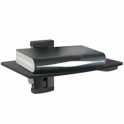 GreyFlow Floating Shelves Tampered Glass - Controller Storage - Integrated Cable Management - Wall Mount Wall Shelves for Game Consoles Accessories TV Box and Speakers – 1 Tier Black, SHLF1