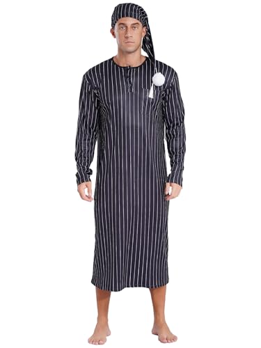 Men's 2Pcs Night Shirts Loose Robe Long Sleeve Striped Nightgown Sleepwear with Hat