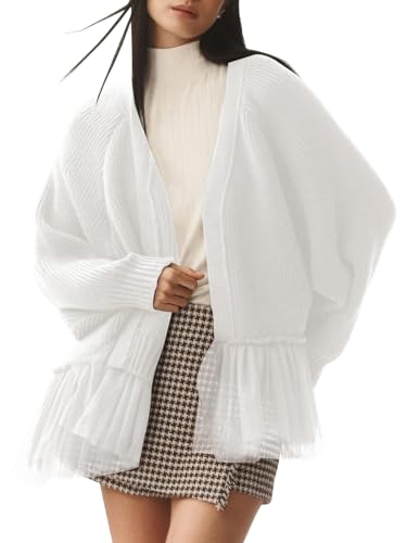 ebossy Women's Elegant Tulle Patchwork Ruffle Sweaters Coat Chunky Knit Long Sleeve Open Front Cardigans Outwear