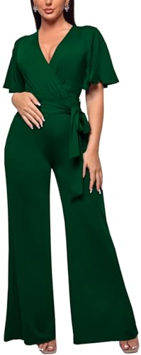 Image of PaladMom Womens Elegant Plus Size Jumpsuits Sexy Back zipper Short Sleeve Mid Waist Wide Leg Straight Rompers