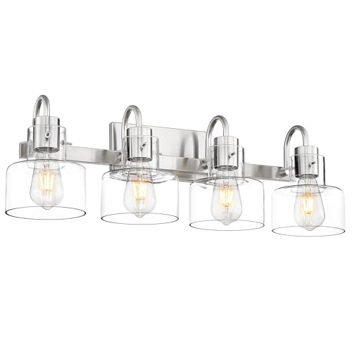 Image of Bathroom Light Fixtures, 4-Light Brushed Nickel Vanity Lights with Clear Glass Shade, 28 Inch Vintage Vanity Lighting Fixtures Over Mirror, VL124-BN-4