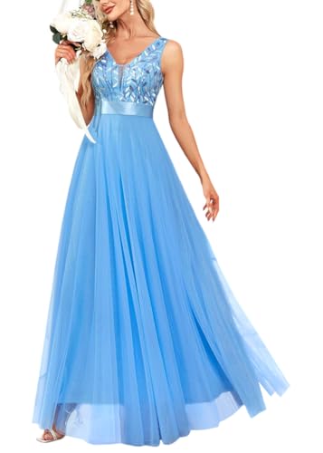 ORANDESIGNE Abendkleider Elegant für Hochzeit Abendkleid Damen Lang Tüll Kleid Paillettenkleid Chiffonkleid Damen Brautjungfernkleid Abschlusskleid Bodenlanges Ballkleid Maxikleid A Hellblau XL