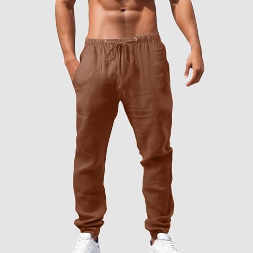 Men's Casual Linen Cotton Pants Elastic Waist Tapered Summer Lightweight Yoga Vacation Joggers Trousers, M-3XL3