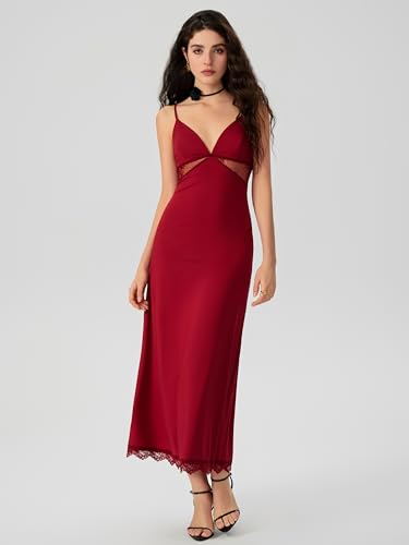 Image of CIDER Women's Summer Semi Formal Dresses Satin Lace V Neck Spaghetti Strap Slip Midi Dress Sexy Dresses Nightgown Party