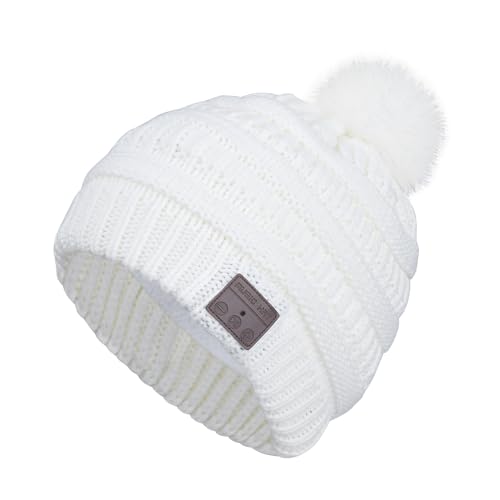 HaetFire Wireless Music Beanie Hat with Bluetooth Headphone Winter Warm Pompon Knit Hats Headset Skull Cap for Women Teenagers Girls (White)