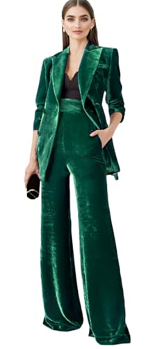 Velvet Suit for Women 2 PC Double Breasted Pants Suit Peak Lapel Formal Tuxedos Womens Business Outfit Green1 M