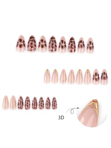 Image of Secret Lives Elegant Nude Pink Press-On Nails with Gold French Tip & 3D Floral Design - Almond Shape Reusable False Nails Glossy Finish 24-Pieces Nail Kit
