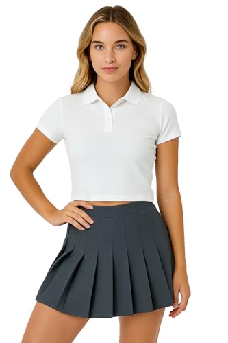 Ashen Fane Women's Fitted High Waisted Pleated Classic Tennis Mini Skirt, Charcoal, Small