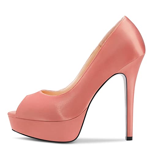 Aachcol Women Platform Pumps Peep Open Toe Slip-on Stiletto High Heel Dress Shoes Office Party Wedding Satin 5 Inch2
