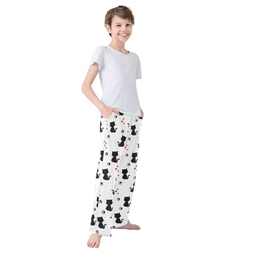 Boys' Pants Black Cat Red Hearts and Footprint Long Bottoms Jogger Pants Elastic Waist Trousers with Pockets S-XL4