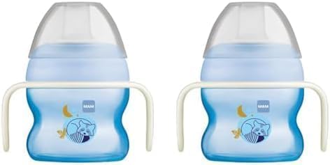 MAM Starter Cup Glow in The Dark Handles, Baby Cup for 4+ Months, Baby Feeding, Glow in The Dark Toddler Cup, 1x 150 ml, Blue (Designs May Vary) (Pack of 2)