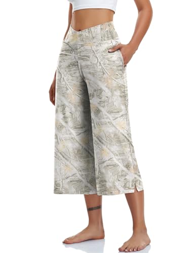 Image of TARSE Womens Casual Wide Leg Yoga Capris Crossover High Waist Capri Pants Loose Soft Pajama Pockets Sweatpants