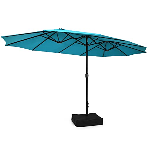Image of Tangkula 15FT Double-Sided Patio Umbrella with Base, Extra-Large Market Umbrella W /Crank System, Outdoor Twin Umbrella W / 12-Rib Metal Structure & Air Vents for Garden, Backyard, Poolside (Turquoise)