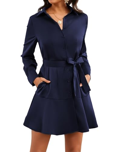 Image of Women's Long Sleeve Button Up Midi Belt Shift Collar Dress with Pockets for Work Office Business