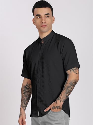 Image of Men's Regular Fit Solid Casual Shirt - Short Sleeve, Mandarin Collar, Lightweight Polyester, Stylish Everyday Wear